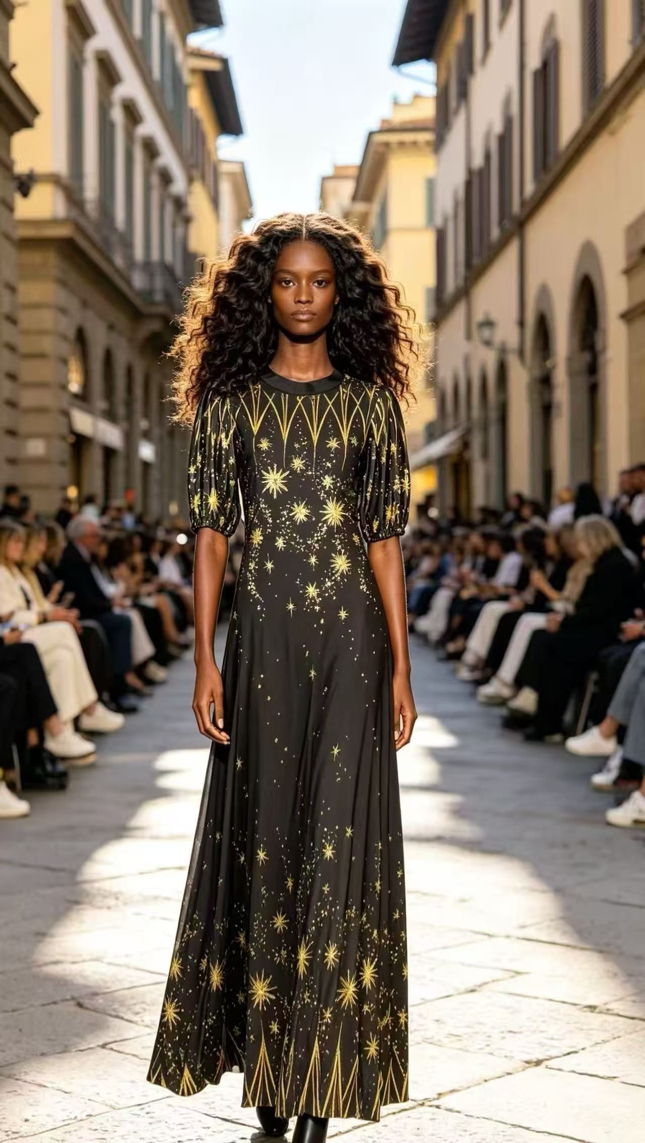 Luxury Black & Gold Celestial Starry Print Maxi Dress - Elegant Vintage Puff Sleeve Evening Gown D63206