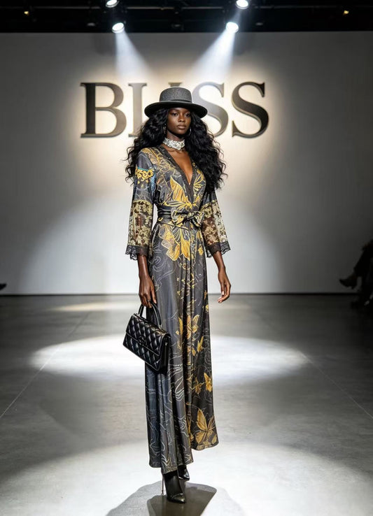 BLSS Modern Liquid Gold Shimmer Grid Maxi Dress - Futuristic Metallic Belted Evening Gown with High Slit