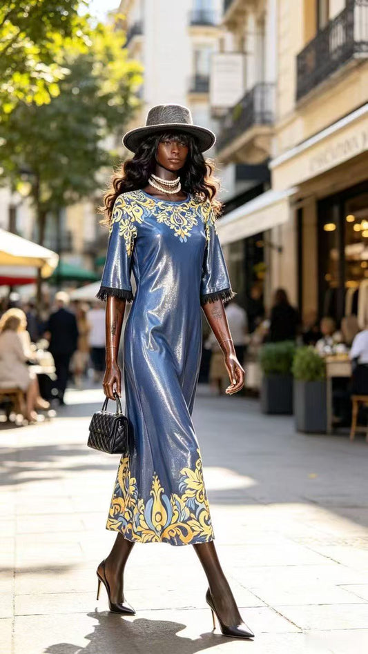 Luxury Shimmering Royal Blue Maxi Dress - Vintage Baroque Floral Print Gown with Fringe Sleeves D63235