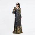 Elegant Black and Gold: Gold Thread Print V-Neck Floor-Length Dress