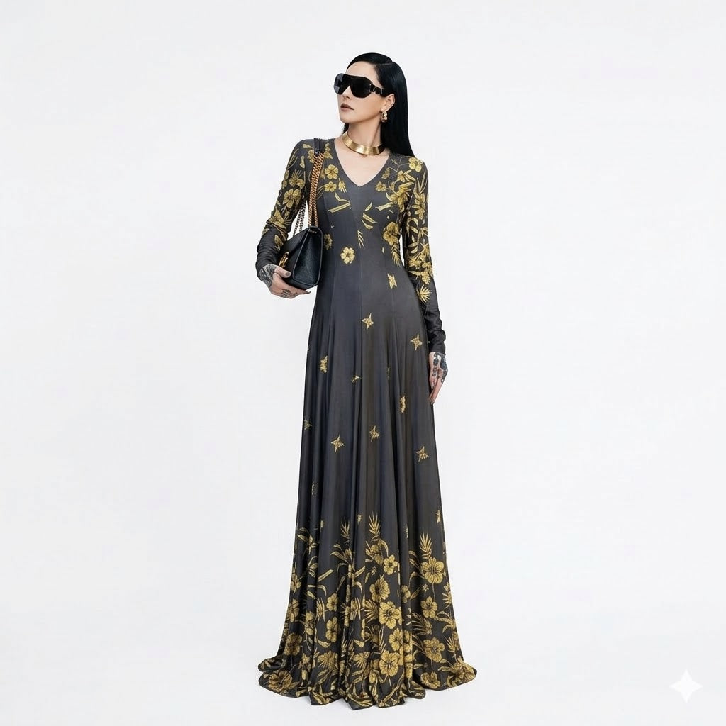 Elegant Black and Gold: Gold Thread Print V-Neck Floor-Length Dress