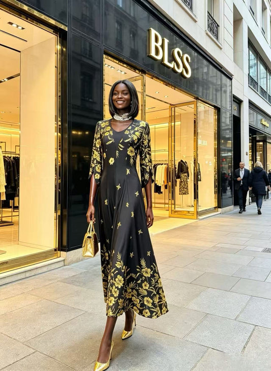 Vintage French Black & Gold Floral Maxi Dress - Elegant V-Neck Slit-Sleeve Evening Gown D63236