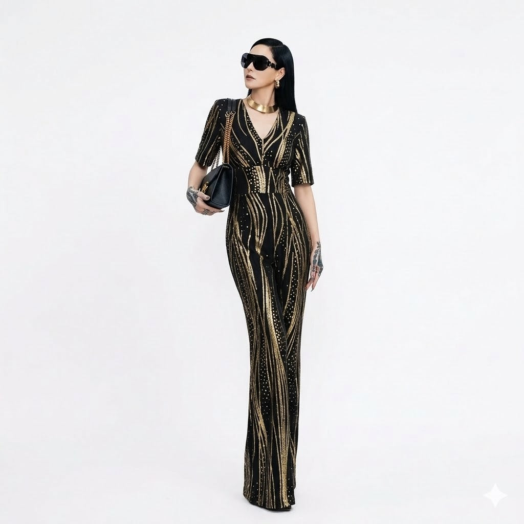 Black and Gold Temptation: Fitted Sequined Short-Sleeved Jumpsuit