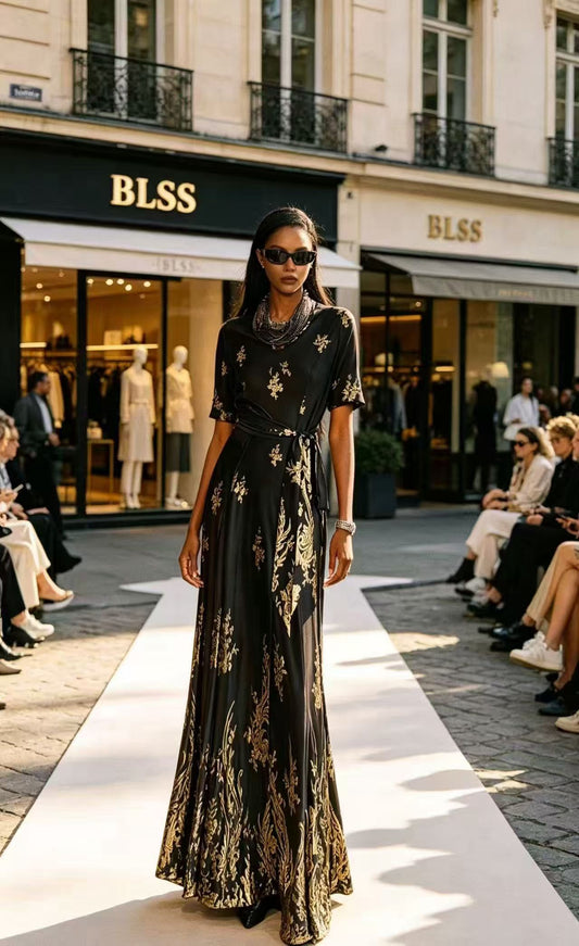 Luxury Black & Gold Baroque Floral Maxi Dress - Elegant Wrap-Front Tie Evening Gown D63249