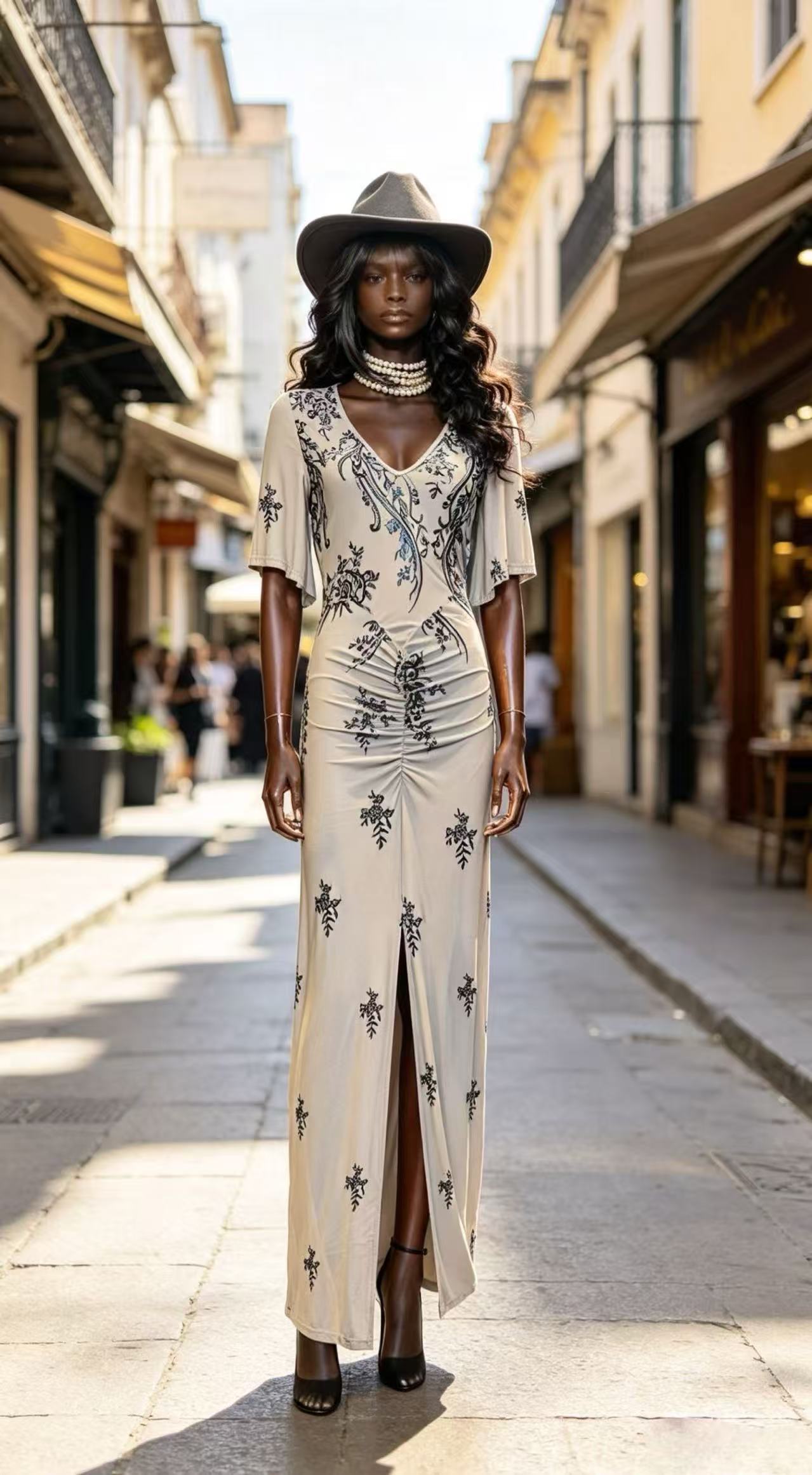 Luxury Apricot Beige Floral Embroidered Maxi Dress - V-Neck Ruched Waist Gown with Front  D63258Split