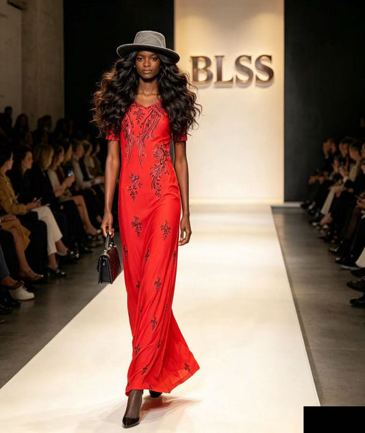 BLSS Luxury Crimson Red Embroidered Maxi Dress - Elegant Dark Floral Vine Runway Evening Gown