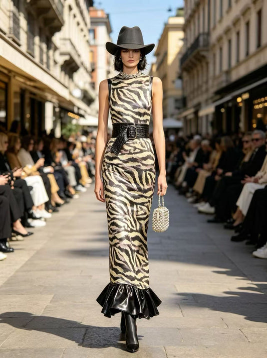 Luxury Zebra Stripe Sleeveless Maxi Dress - Faux Leather Ruffle Hem Mermaid Evening Gown D63277