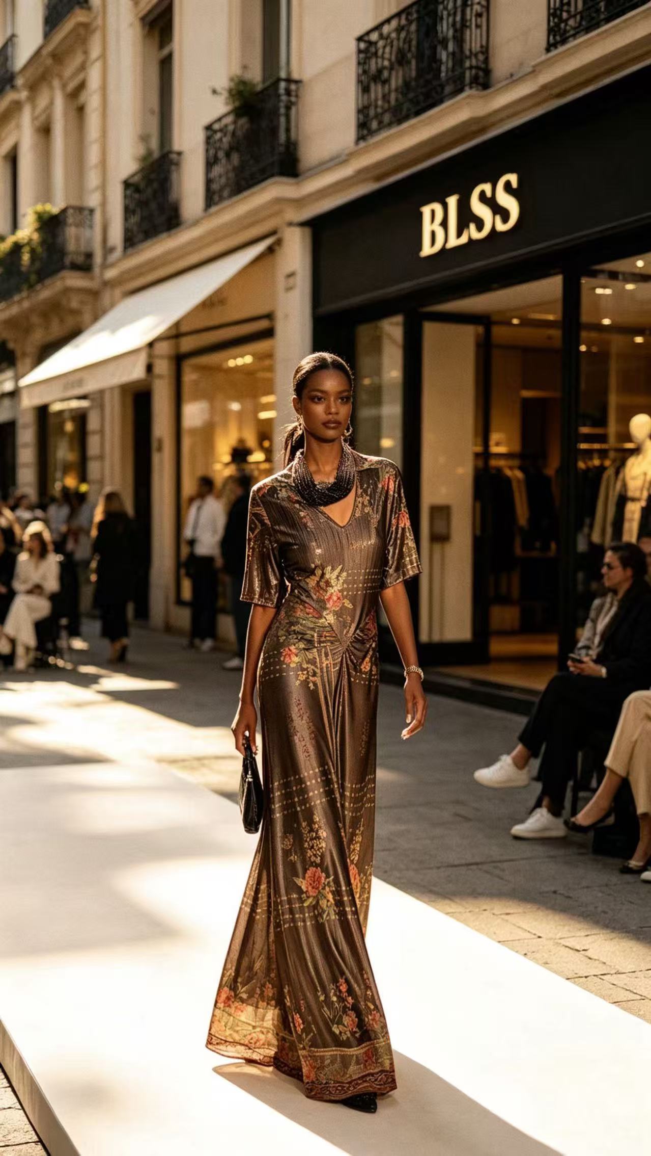 BLSS Luxury Bronze Gold Shimmer Maxi Dress - Vintage Oil-Painting Rose Print V-Neck Ruched Evening Gown