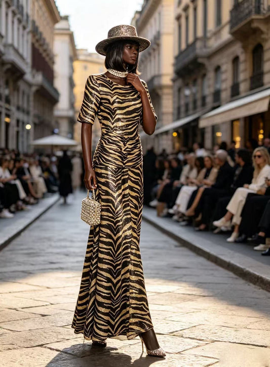 Luxury Black & Gold Zebra Sequin Maxi Dress - Elegant Crew Neck Ruched Waist Evening Gown D63285