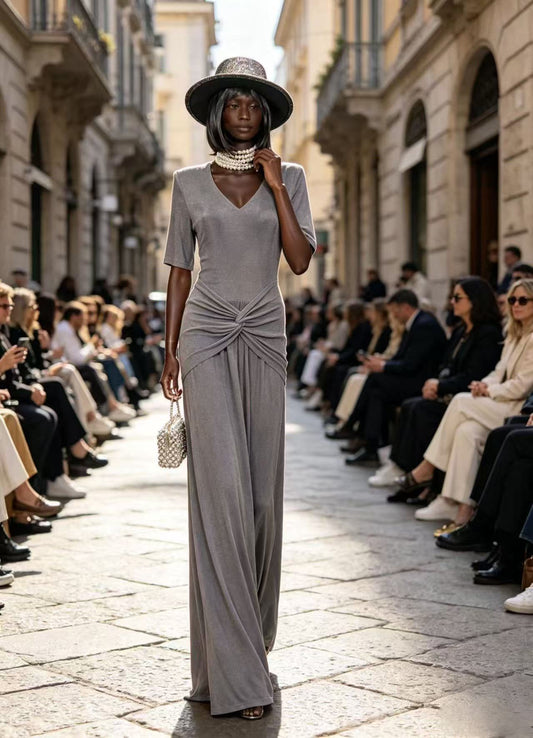 Luxury Slate Grey V-Neck Maxi Dress - Elegant Knot-Front Ruched Waist Runway Evening Gown D63289