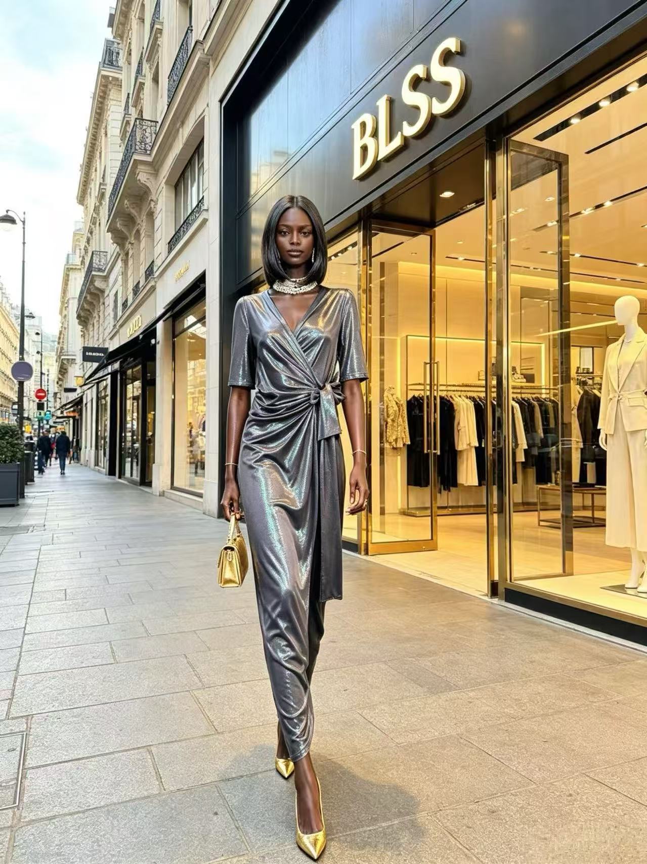 Futuristic Liquid Silver Metallic V-Neck Maxi Dress - Elegant Wrap-Style Ruched Tie Evening Gown D6336