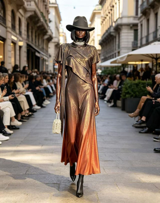 Luxury Bronze Sunset Ombre Maxi Dress - Elegant Asymmetric Ruffle Evening Gown with Drape Sash D63556