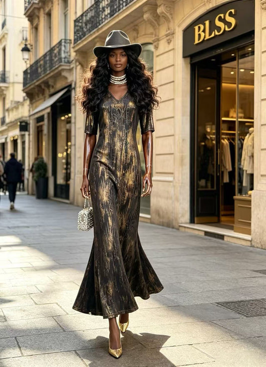 Luxury Black & Gold Liquid Shimmer V-Neck Dress - Elegant Half Sleeve Ruched Mermaid Maxi Gown D6382