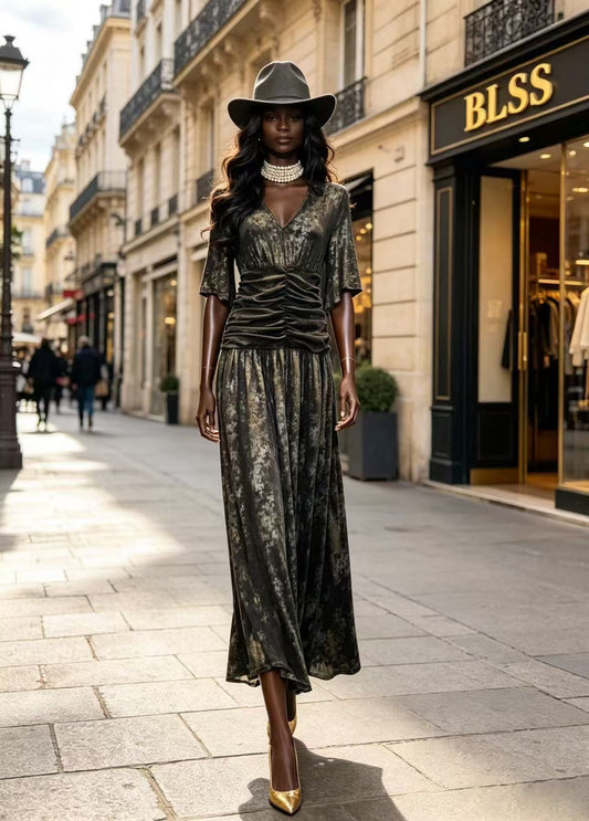 Luxury Vintage Mottled Gold Shimmer V-Neck Dress - Elegant Ruched Waist A-Line Evening Maxi Gown D63140