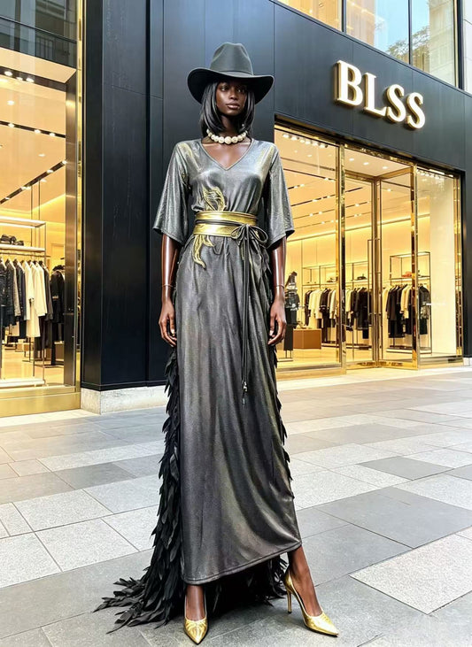 Luxury Black-Silver Shimmer V-Neck Maxi Dress - Embroidered Gold Corset Belt Gown with Feather Train V2132